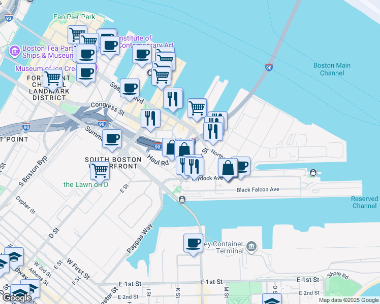 map of restaurants, bars, coffee shops, grocery stores, and more near 20 Channel Street in Boston