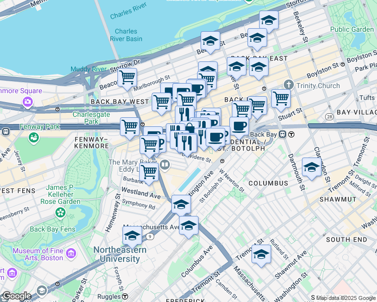 map of restaurants, bars, coffee shops, grocery stores, and more near 39 Dalton Street in Boston