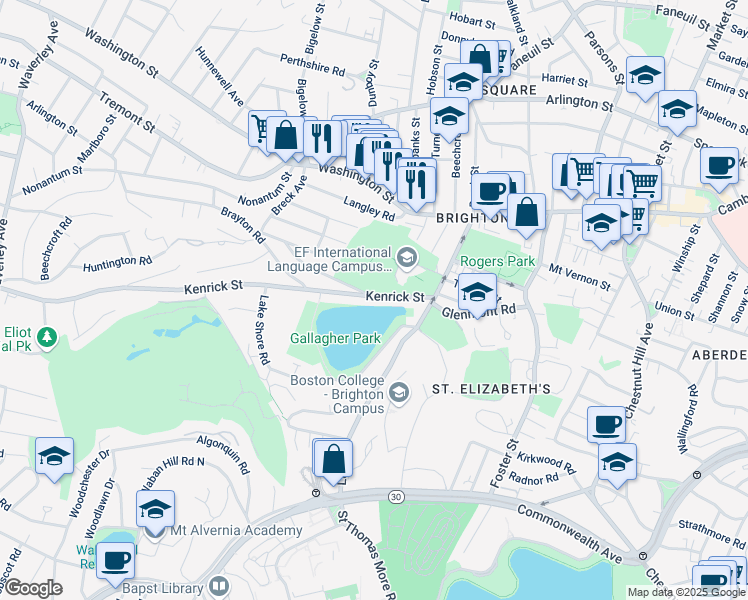 map of restaurants, bars, coffee shops, grocery stores, and more near 54 Kenrick Street in Boston
