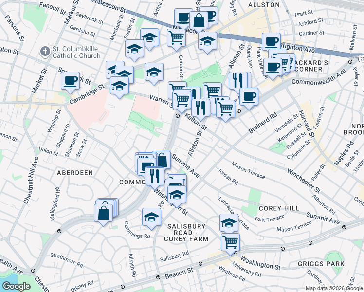 map of restaurants, bars, coffee shops, grocery stores, and more near 1486 Commonwealth Avenue in Boston