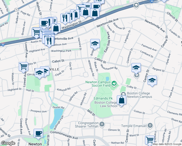 map of restaurants, bars, coffee shops, grocery stores, and more near 110 Withington Road in Newton