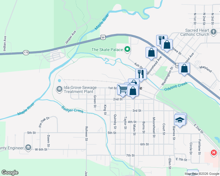 map of restaurants, bars, coffee shops, grocery stores, and more near 750 1st Street in Ida Grove