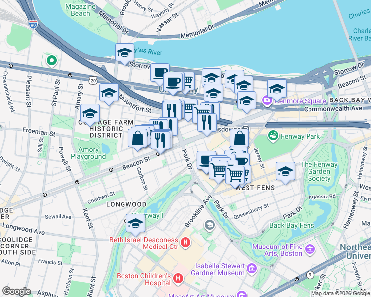 map of restaurants, bars, coffee shops, grocery stores, and more near 880 Beacon Street in Boston