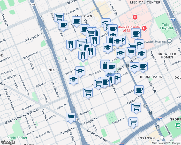 map of restaurants, bars, coffee shops, grocery stores, and more near 3711 2nd Avenue in Detroit