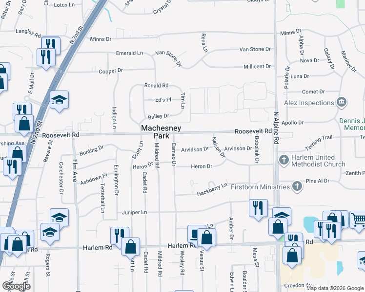 map of restaurants, bars, coffee shops, grocery stores, and more near 1310 Arvidson Drive in Machesney Park
