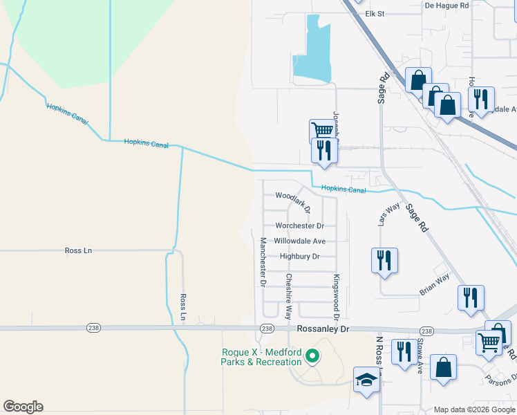 map of restaurants, bars, coffee shops, grocery stores, and more near 2249 Manchester Drive in Medford