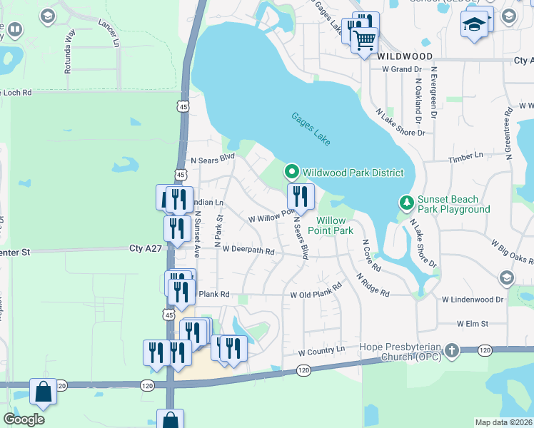 map of restaurants, bars, coffee shops, grocery stores, and more near 18762 West Willow Point Road in Grayslake