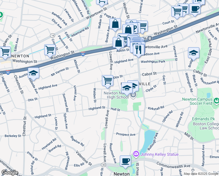 map of restaurants, bars, coffee shops, grocery stores, and more near 317 Lowell Ave in Newton