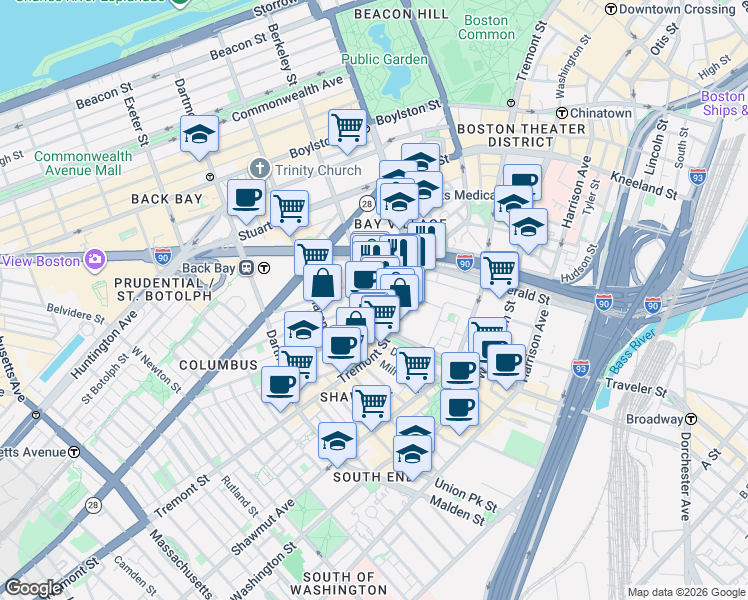 map of restaurants, bars, coffee shops, grocery stores, and more near in Boston