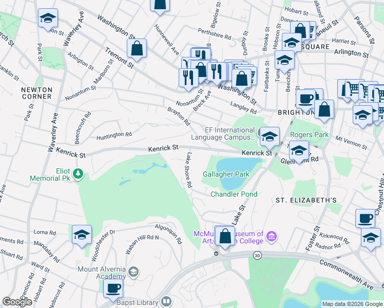 map of restaurants, bars, coffee shops, grocery stores, and more near 150 Kenrick Street in Boston