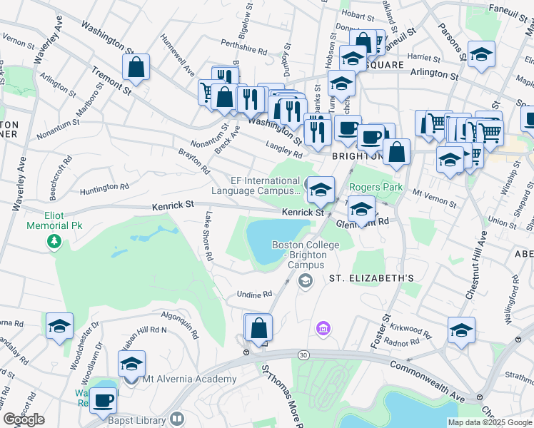 map of restaurants, bars, coffee shops, grocery stores, and more near 78 Kenrick Street in Boston
