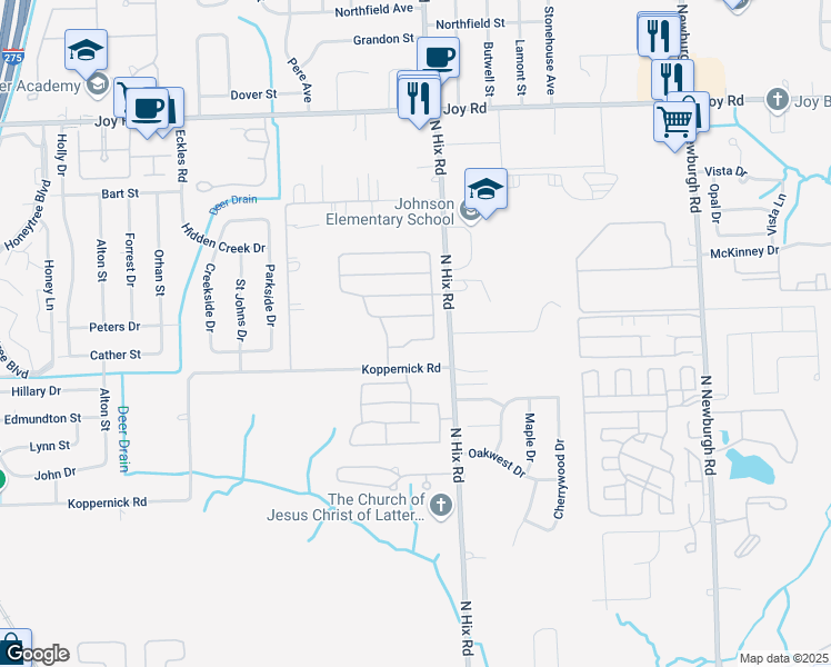 map of restaurants, bars, coffee shops, grocery stores, and more near 38464 South Emerald Lane in Westland
