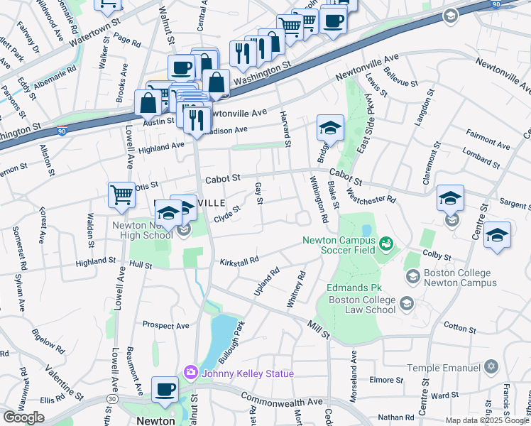 map of restaurants, bars, coffee shops, grocery stores, and more near 36 Frederick Street in Newton