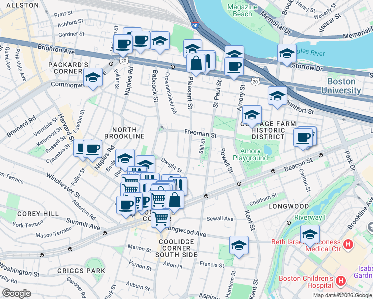 map of restaurants, bars, coffee shops, grocery stores, and more near 116 Pleasant Street in Brookline