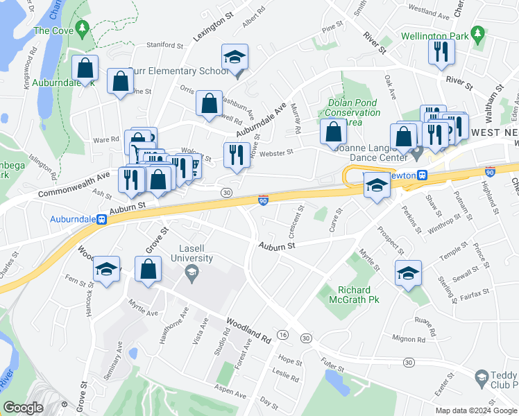 map of restaurants, bars, coffee shops, grocery stores, and more near 60 Robinhood Street in Newton