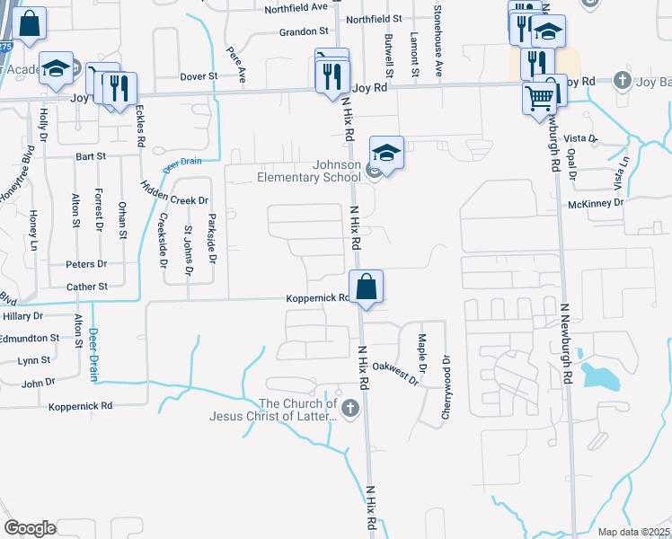 map of restaurants, bars, coffee shops, grocery stores, and more near 38464 South Emerald Lane in Westland