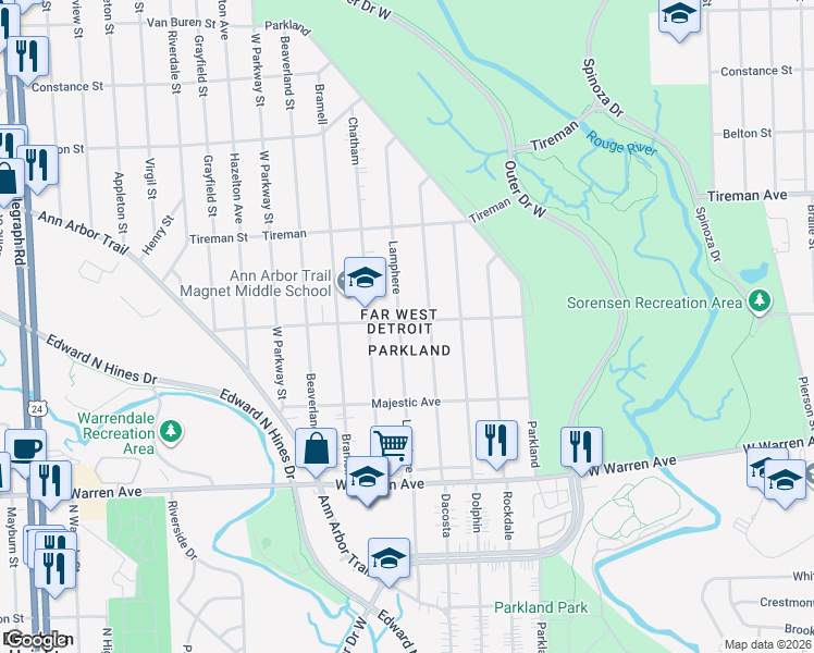 map of restaurants, bars, coffee shops, grocery stores, and more near 7556 Lamphere in Detroit