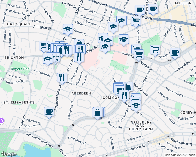 map of restaurants, bars, coffee shops, grocery stores, and more near 155 Washington Street in Boston
