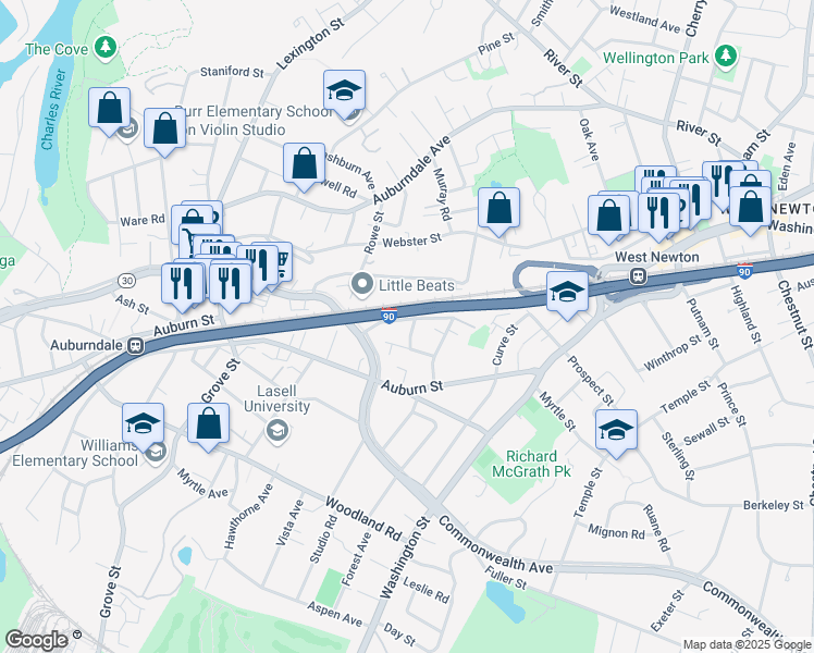 map of restaurants, bars, coffee shops, grocery stores, and more near 7 Weir Street in Newton