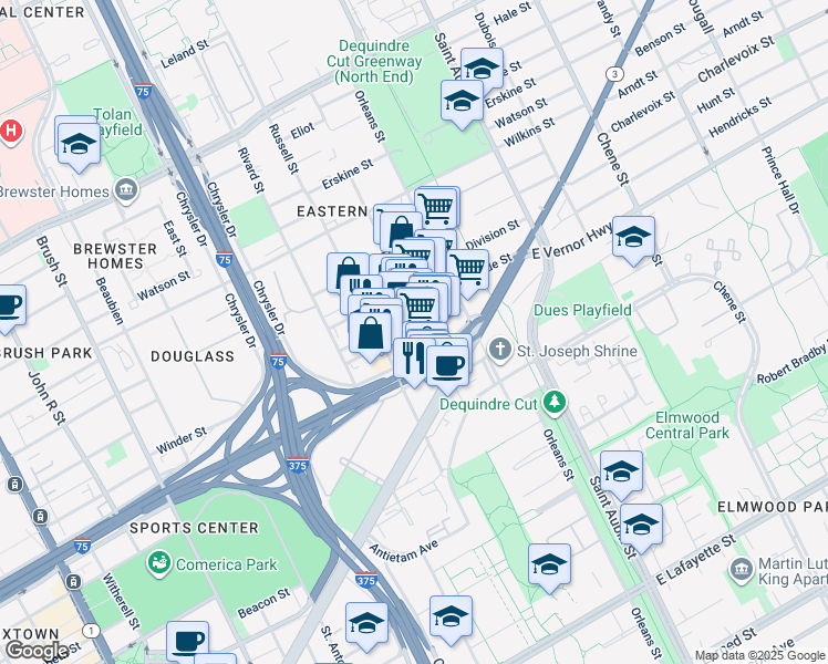 map of restaurants, bars, coffee shops, grocery stores, and more near 1489 Winder Street in Detroit