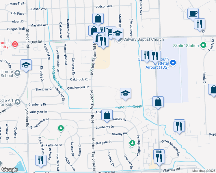 map of restaurants, bars, coffee shops, grocery stores, and more near 43250 Candlewood Court in Canton