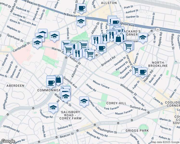 map of restaurants, bars, coffee shops, grocery stores, and more near 239 Kelton Street in Boston