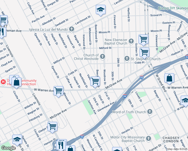 map of restaurants, bars, coffee shops, grocery stores, and more near 5845 Begole Street in Detroit