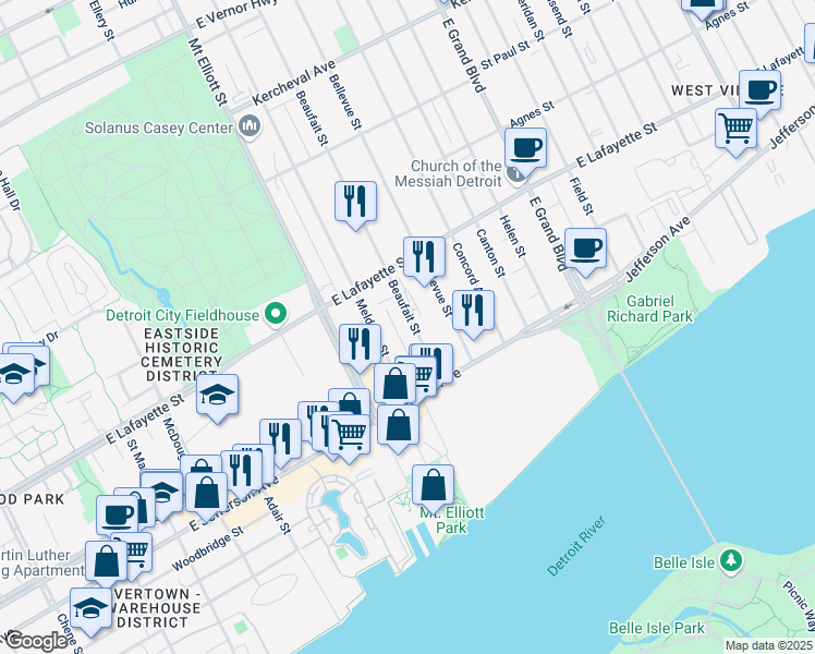 map of restaurants, bars, coffee shops, grocery stores, and more near 535 Beaufait Street in Detroit