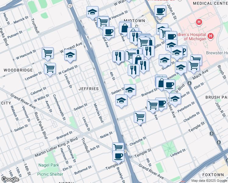 map of restaurants, bars, coffee shops, grocery stores, and more near 938 Selden Street in Detroit