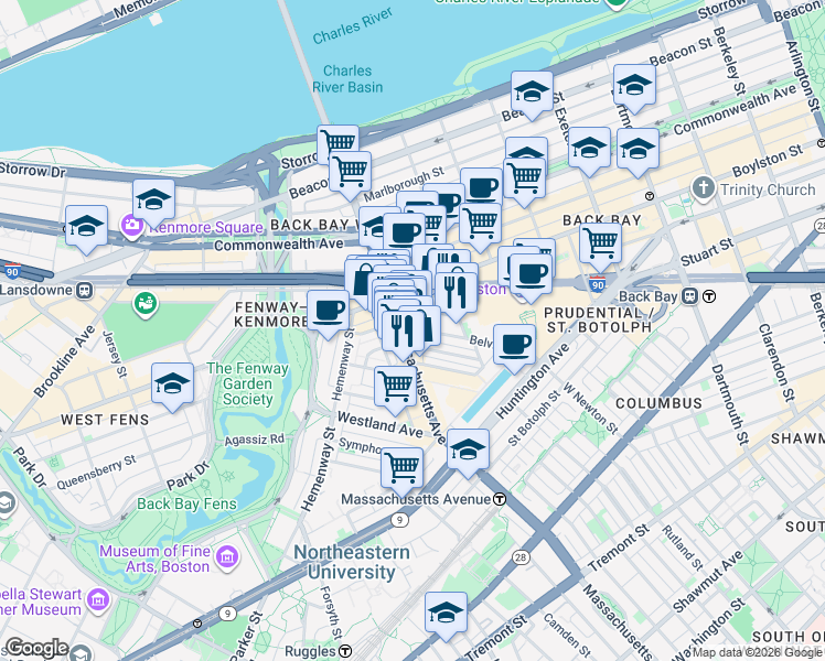 map of restaurants, bars, coffee shops, grocery stores, and more near 14 Belvidere Street in Boston