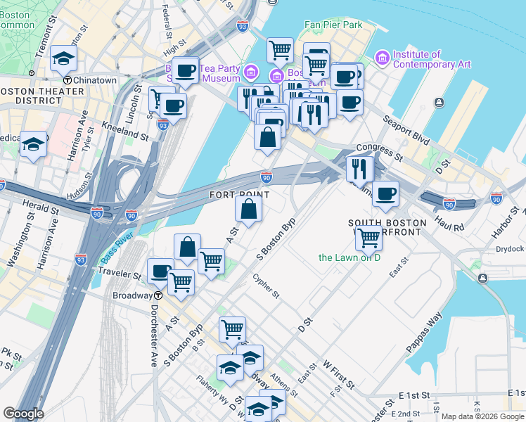 map of restaurants, bars, coffee shops, grocery stores, and more near 35 Channel Center Street in Boston