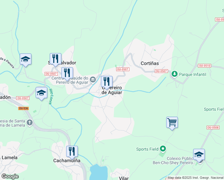 map of restaurants, bars, coffee shops, grocery stores, and more near in O Pereiro de Aguiar