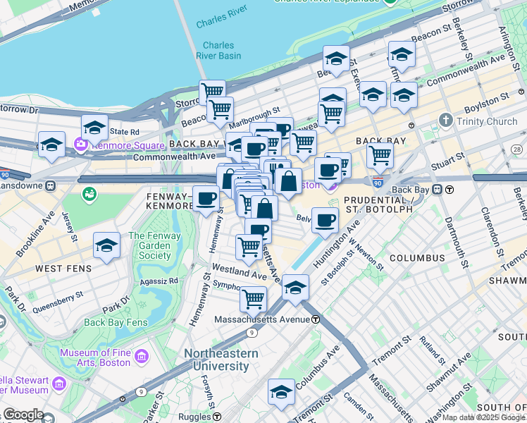 map of restaurants, bars, coffee shops, grocery stores, and more near 14 Belvidere Street in Boston