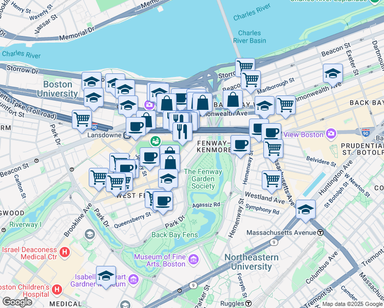 map of restaurants, bars, coffee shops, grocery stores, and more near 1179 Boylston Street in Boston