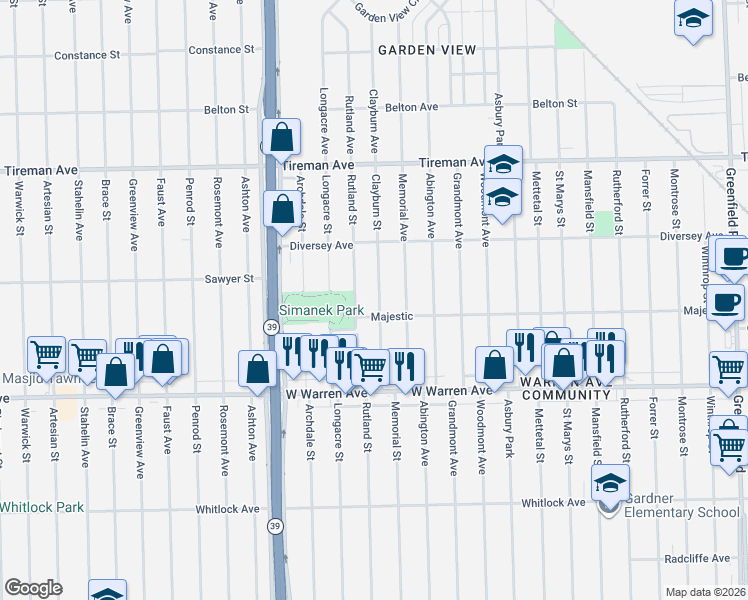 map of restaurants, bars, coffee shops, grocery stores, and more near 7442 Rutland Street in Detroit