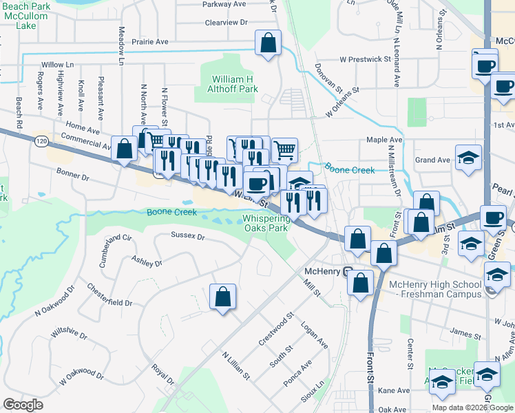 map of restaurants, bars, coffee shops, grocery stores, and more near 4305 West Elm Street in McHenry