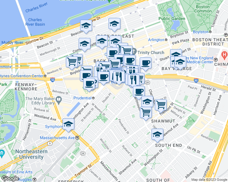 map of restaurants, bars, coffee shops, grocery stores, and more near 100 Huntington Avenue in Boston