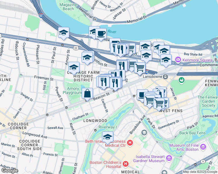 map of restaurants, bars, coffee shops, grocery stores, and more near 1009 A Beacon Street in Brookline