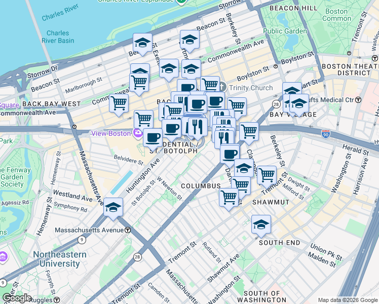 map of restaurants, bars, coffee shops, grocery stores, and more near 16 Harcourt Street in Boston