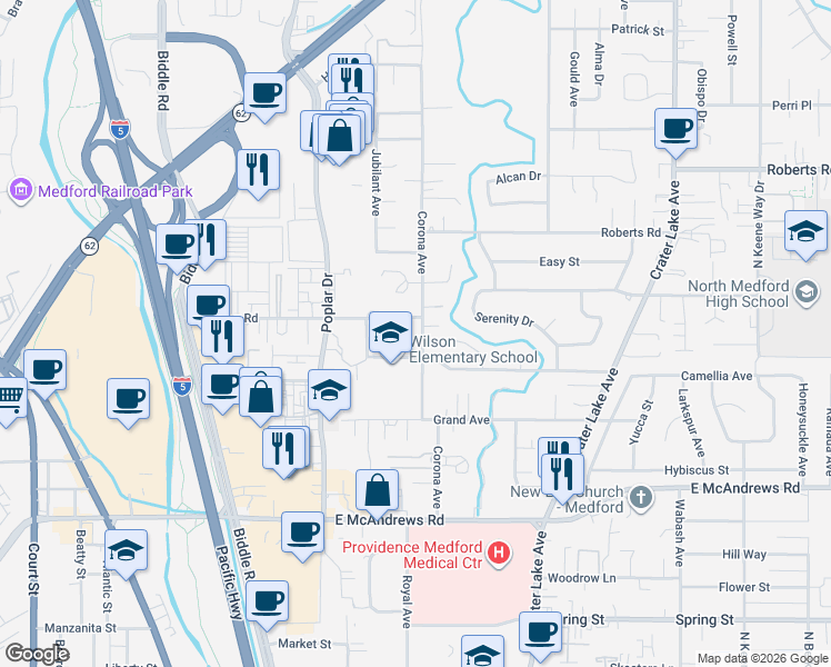 map of restaurants, bars, coffee shops, grocery stores, and more near 1635 Corona Avenue in Medford
