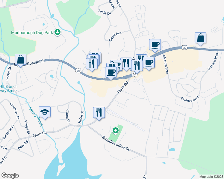 map of restaurants, bars, coffee shops, grocery stores, and more near 750 Farm Road in Marlborough