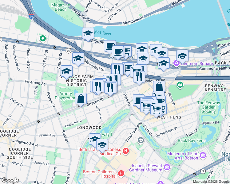 map of restaurants, bars, coffee shops, grocery stores, and more near 912 Beacon Street in Boston