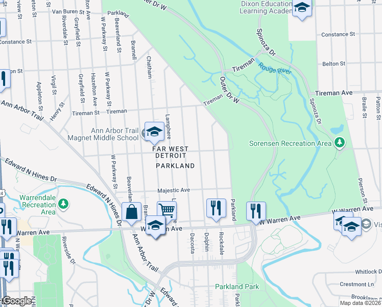 map of restaurants, bars, coffee shops, grocery stores, and more near 7552 Dacosta in Detroit