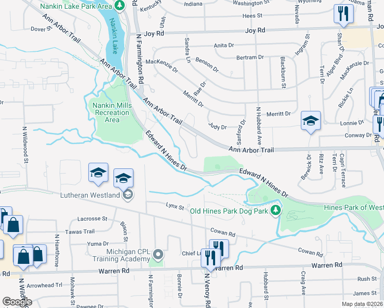 map of restaurants, bars, coffee shops, grocery stores, and more near 33030 Chapman Circle in Westland