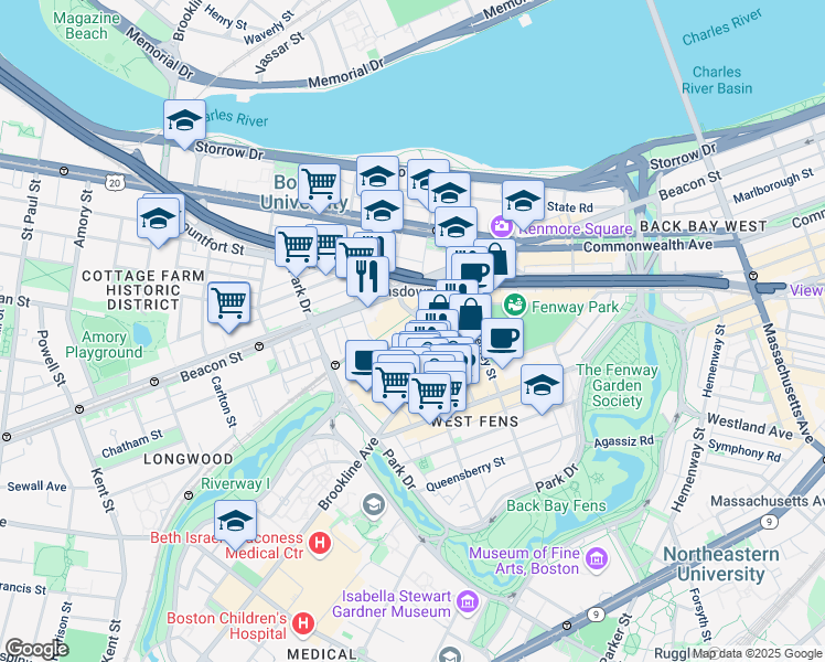 map of restaurants, bars, coffee shops, grocery stores, and more near 21 Burlington Avenue in Boston