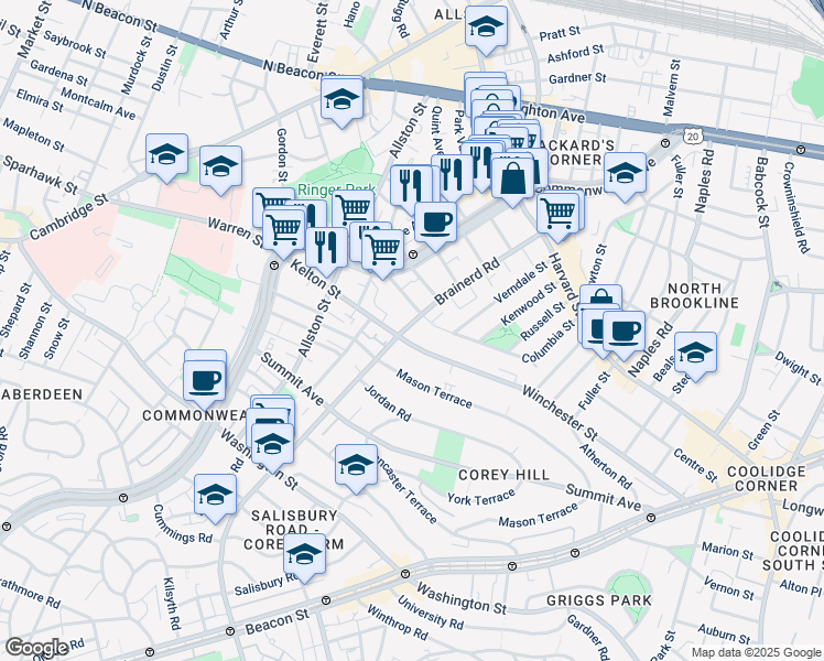 map of restaurants, bars, coffee shops, grocery stores, and more near in Boston