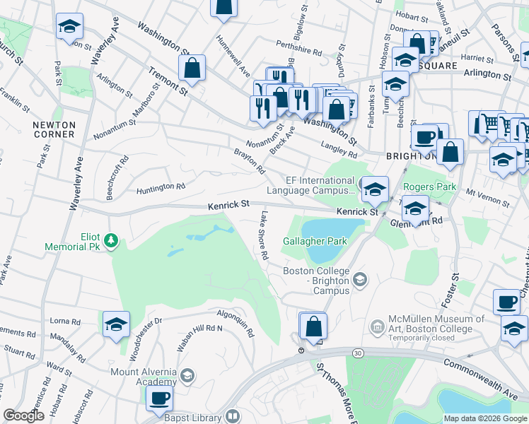 map of restaurants, bars, coffee shops, grocery stores, and more near 216 Lake Shore Road in Boston