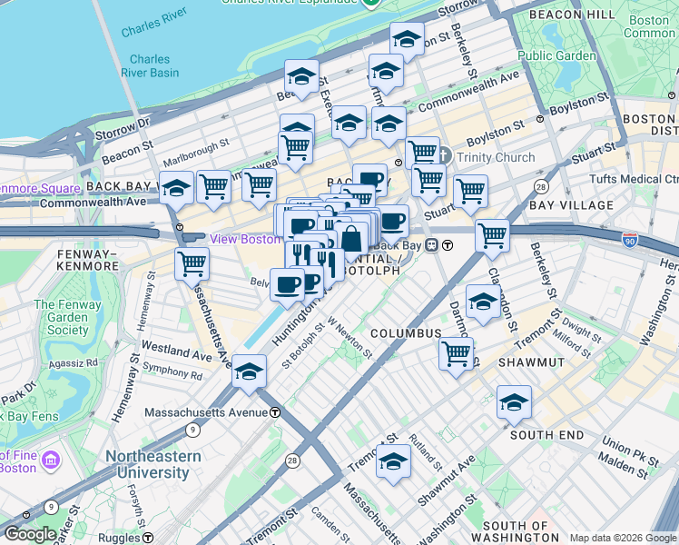 map of restaurants, bars, coffee shops, grocery stores, and more near Huntington Ave & Garrison St in Boston
