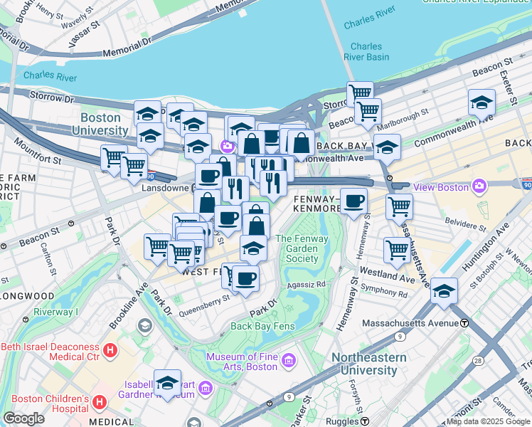 map of restaurants, bars, coffee shops, grocery stores, and more near 175 Ipswich Street in Boston