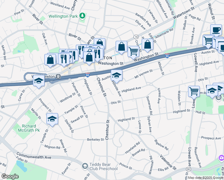map of restaurants, bars, coffee shops, grocery stores, and more near 30 Westfield Road in Newton